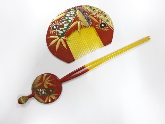 JAPANESE KIMONO / ANTIQUE LACQUERED MAKI-E COMB / SET
